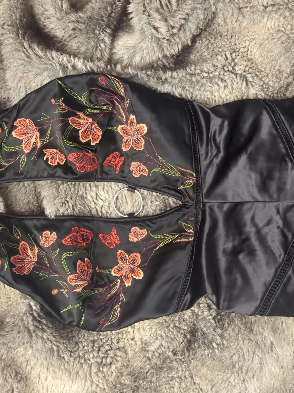 Thistle and Spire Black Satin Halter Romper with Pink Floral Embroidery